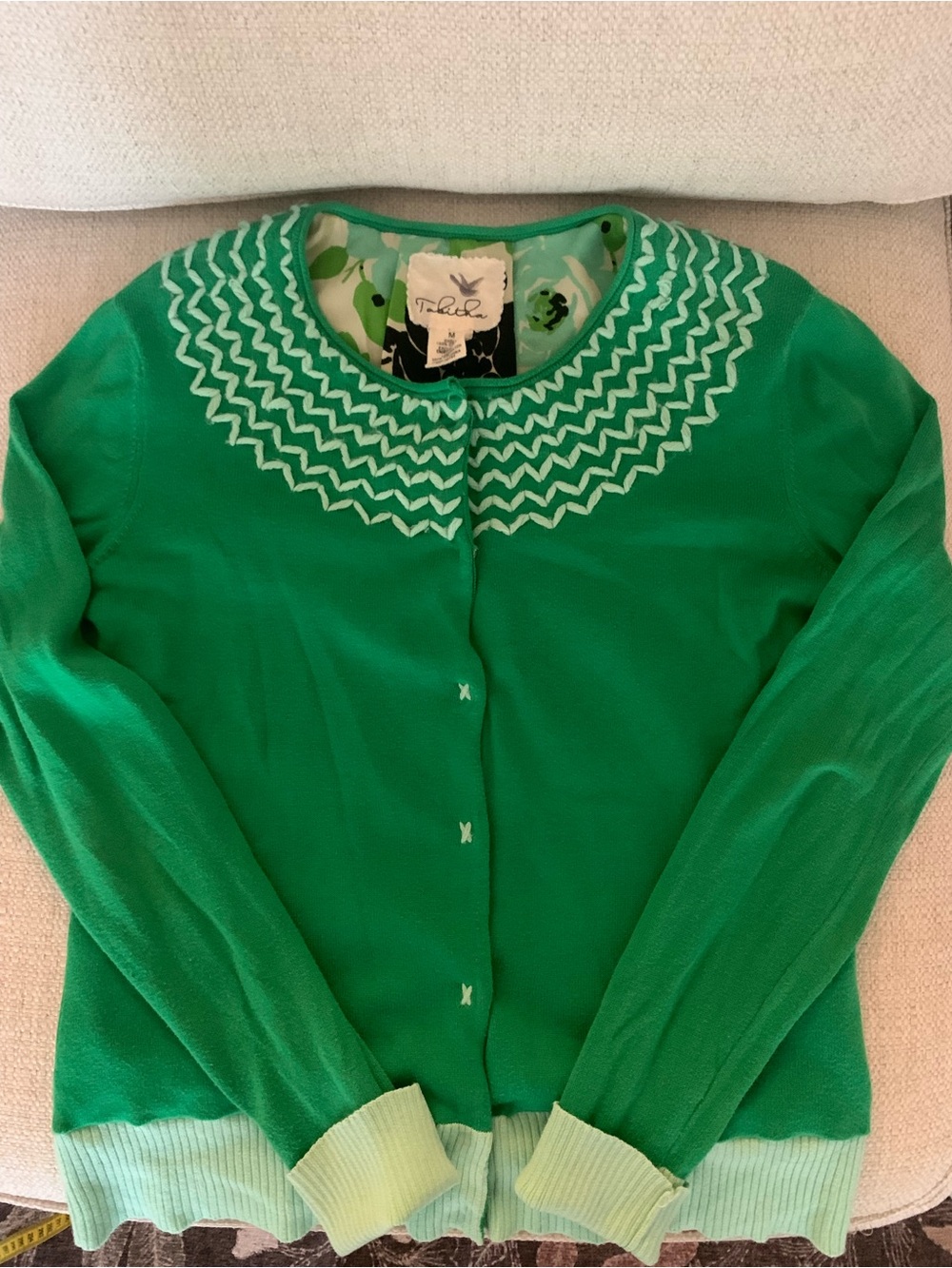 Tabitha Vintage Green Sweater with Light Green Cuffs & Stitching Accents,Medium